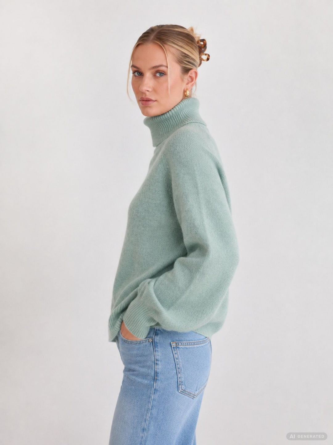 Damen Rollkragenpullover in Aqua Gray Melange | Weicher Strickpullover mit Rippbündchen, Regular Fit und wärmender Wollmischung