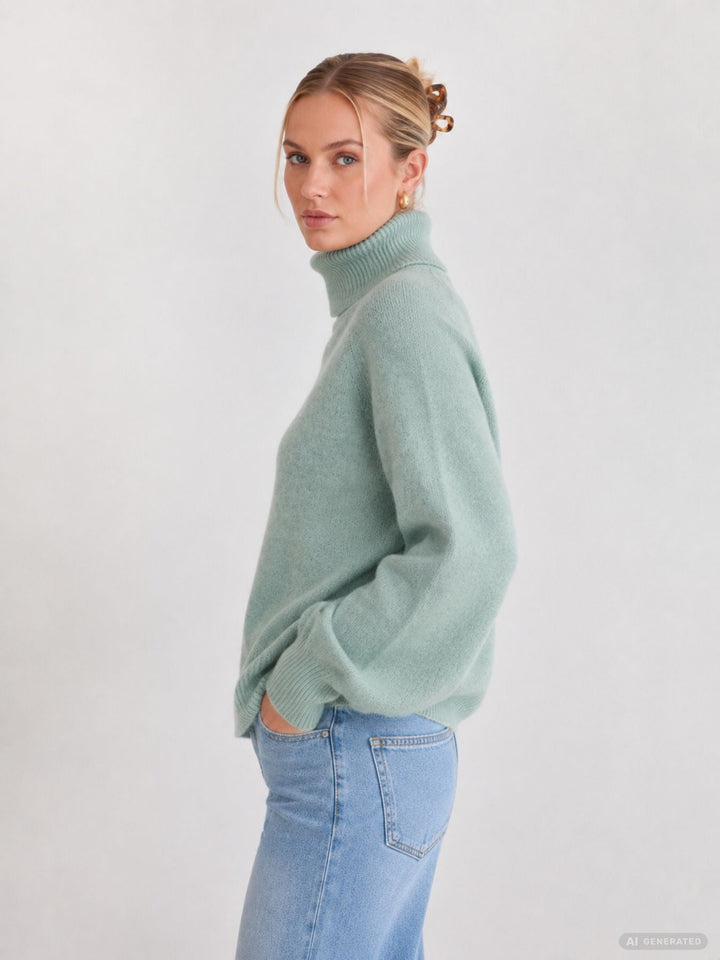 Damen Rollkragenpullover in Aqua Gray Melange | Weicher Strickpullover mit Rippbündchen, Regular Fit und wärmender Wollmischung