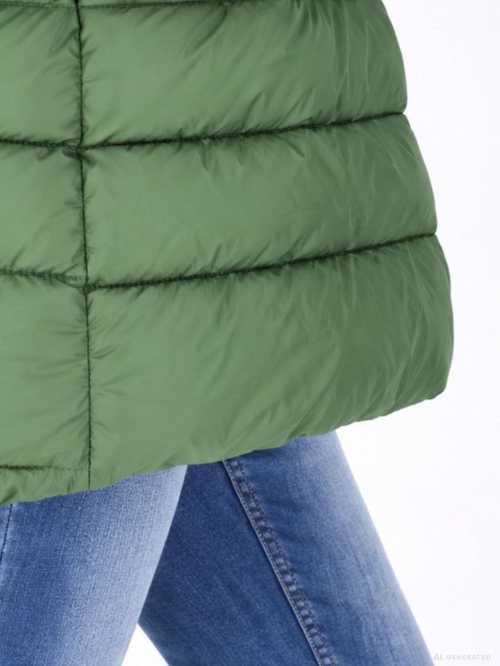 Damen Steppjacke in Grün mit Strickbündchen | Warme Jacke mit abnehmbarer Kapuze, 2-Wege-Reißverschluss und praktischen Taschen