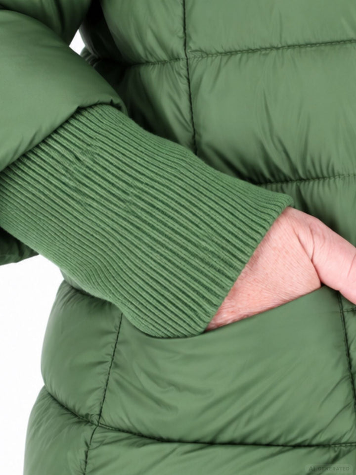 Damen Steppjacke in Grün mit Strickbündchen | Warme Jacke mit abnehmbarer Kapuze, 2-Wege-Reißverschluss und praktischen Taschen