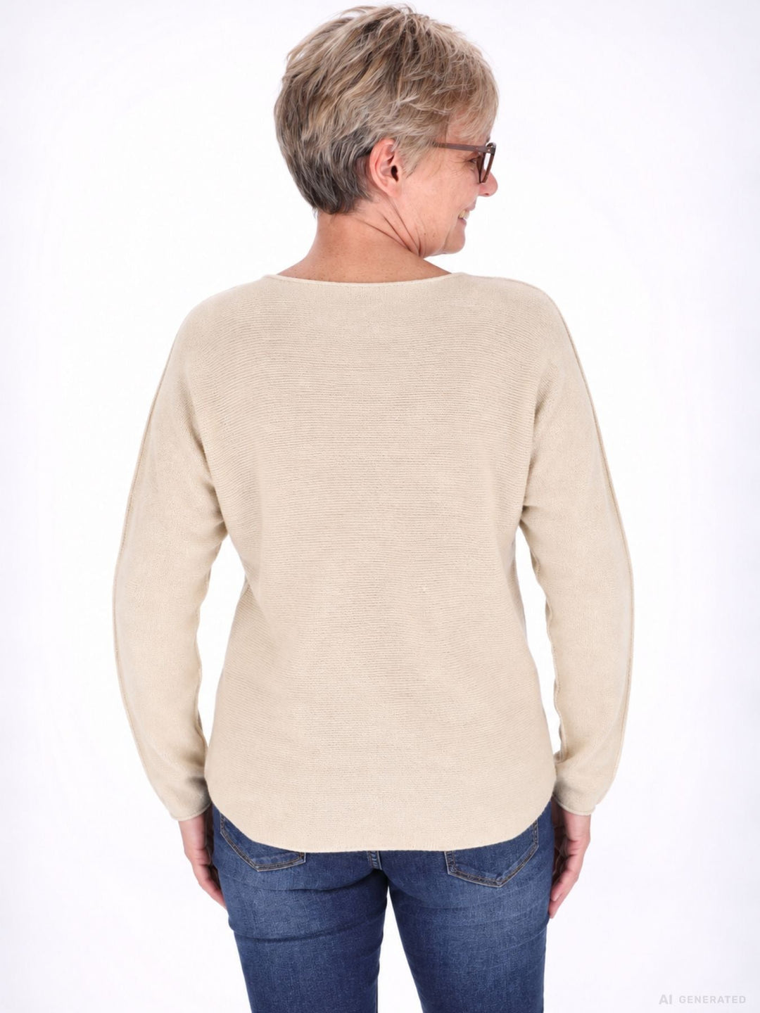 Damen Strickpullover in Beige mit Rundhals | Locker geschnittener Pullover mit abgerundetem Saum, verlängertem Rücken und feiner Strickstruktur