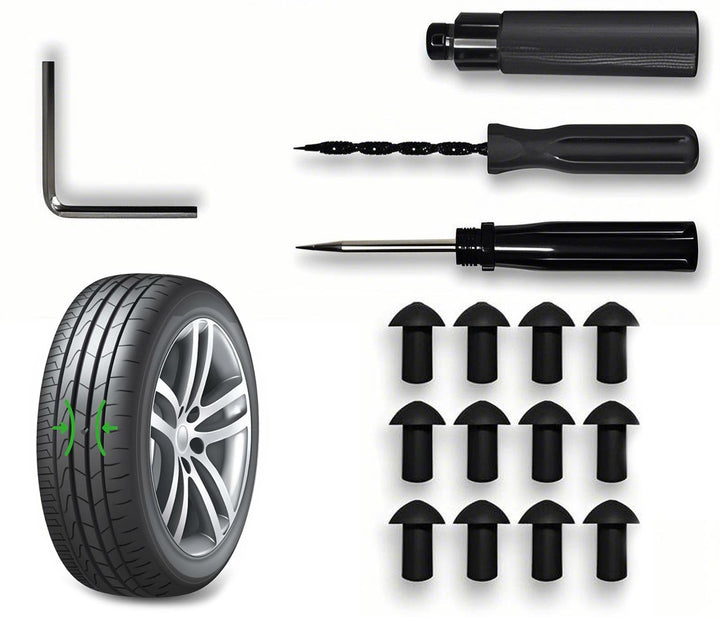 Renkaan korjaussarja tubeless-renkaille | 12 sienitulppaa + työkalut nopeaan apuun | Valinnainen rengaspumppu