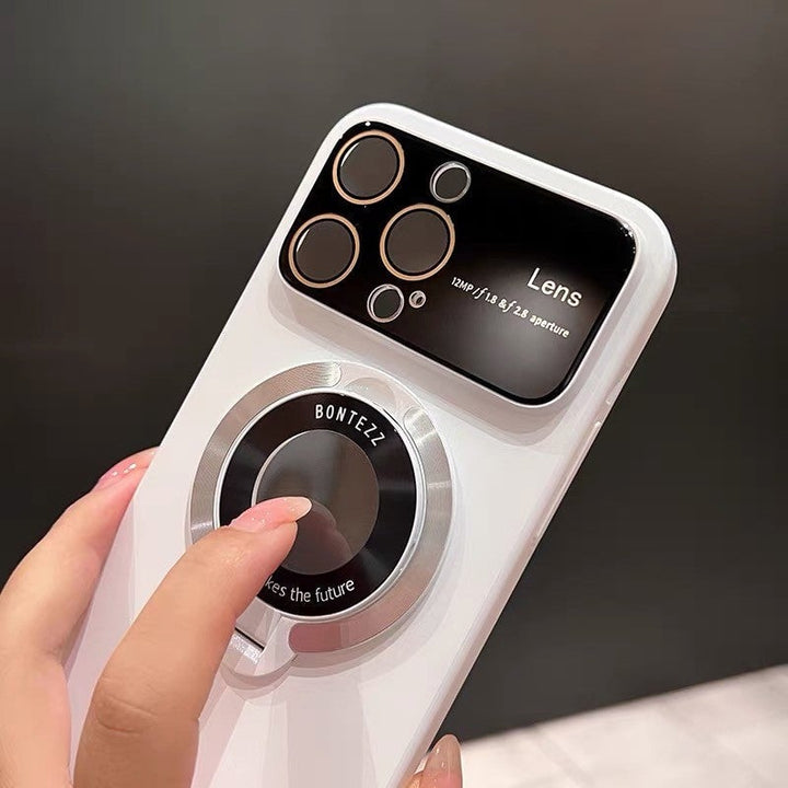 Custodia magnetica per iPhone | Compatibile con ricarica wireless | Supporto integrato, protezione per lente della fotocamera | Anti-impronte, PC trasparente
