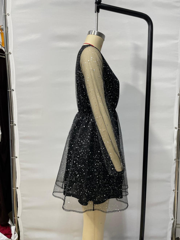 Damen Paillettenkleid mit V-Ausschnitt | Schwarzes Abendkleid mit transparentem Mesh, langen Ärmeln und glitzernden Details