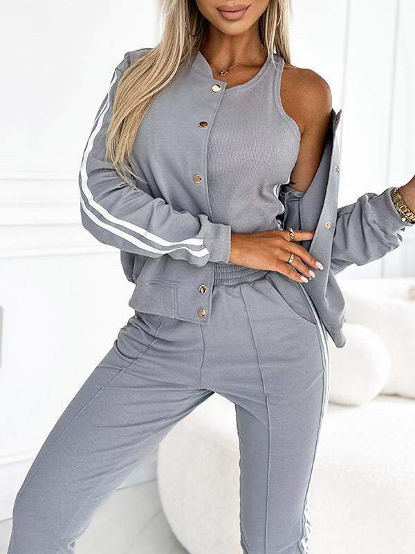 Women’s 3-piece set with baseball jacket, racerback top &amp; jogging pants | Warming &amp; breathable | Side stripe look | S–5XL