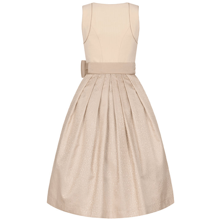 Damen Dirndl Beige | Midi Trachtenkleid mit Frontreißverschluss, Schürze und 70 cm Rocklänge