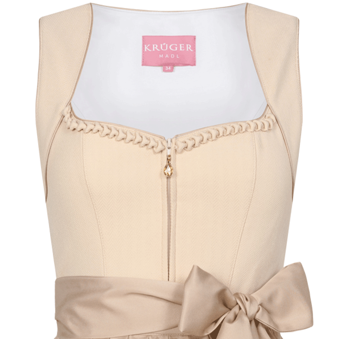 Damen Dirndl Beige | Midi Trachtenkleid mit Frontreißverschluss, Schürze und 70 cm Rocklänge