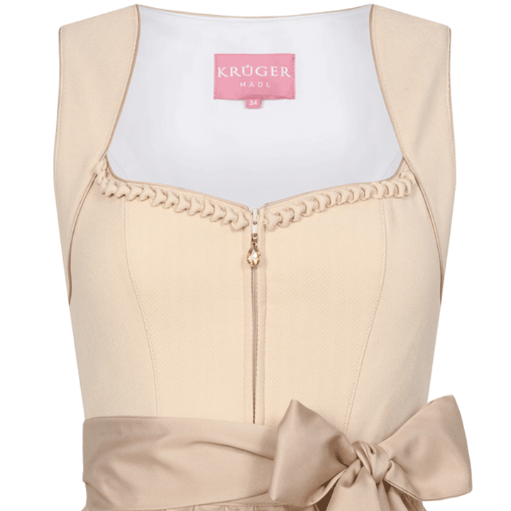Damen Dirndl Beige | Midi Trachtenkleid mit Frontreißverschluss, Schürze und 70 cm Rocklänge