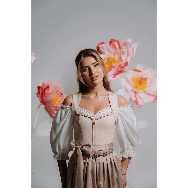 Damen Dirndl Beige | Midi Trachtenkleid mit Frontreißverschluss, Schürze und 70 cm Rocklänge