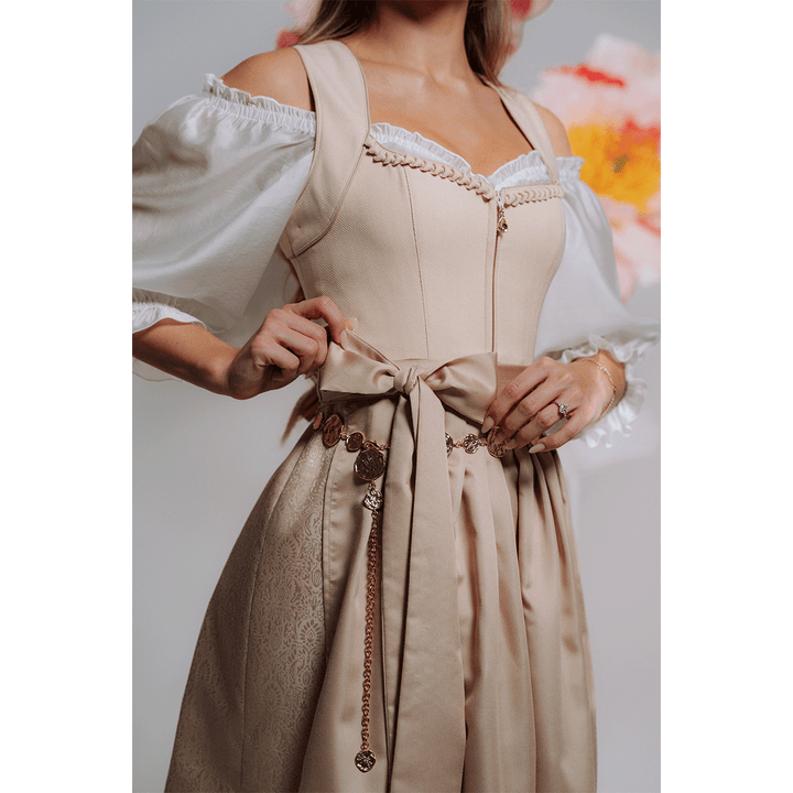 Damen Dirndl Beige | Midi Trachtenkleid mit Frontreißverschluss, Schürze und 70 cm Rocklänge