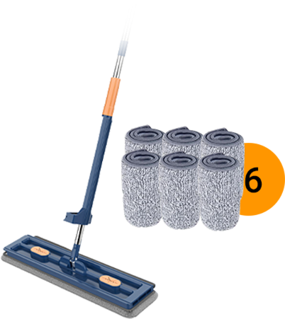 Raclette plate avec essoreur automatique &amp; peigne à saleté | Tête de balai pivotante à 360° | Manche en acier inoxydable 126 cm | 2 tampons en microfibre