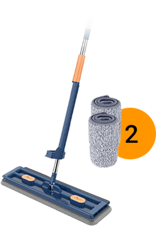 Raclette plate avec essoreur automatique &amp; peigne à saleté | Tête de balai pivotante à 360° | Manche en acier inoxydable 126 cm | 2 tampons en microfibre