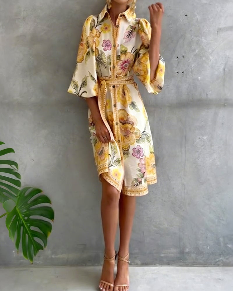 Damen A-Linien-Kleid mit Print | Knielanges Kleid mit Reverskragen und Laternenärmeln