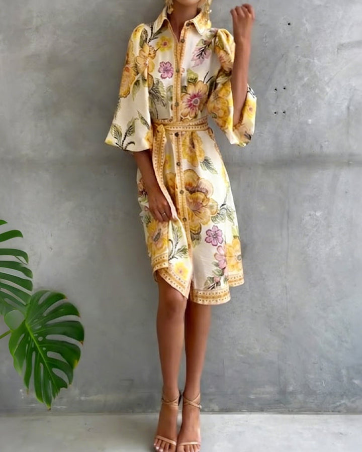 Damen A-Linien-Kleid mit Print | Knielanges Kleid mit Reverskragen und Laternenärmeln