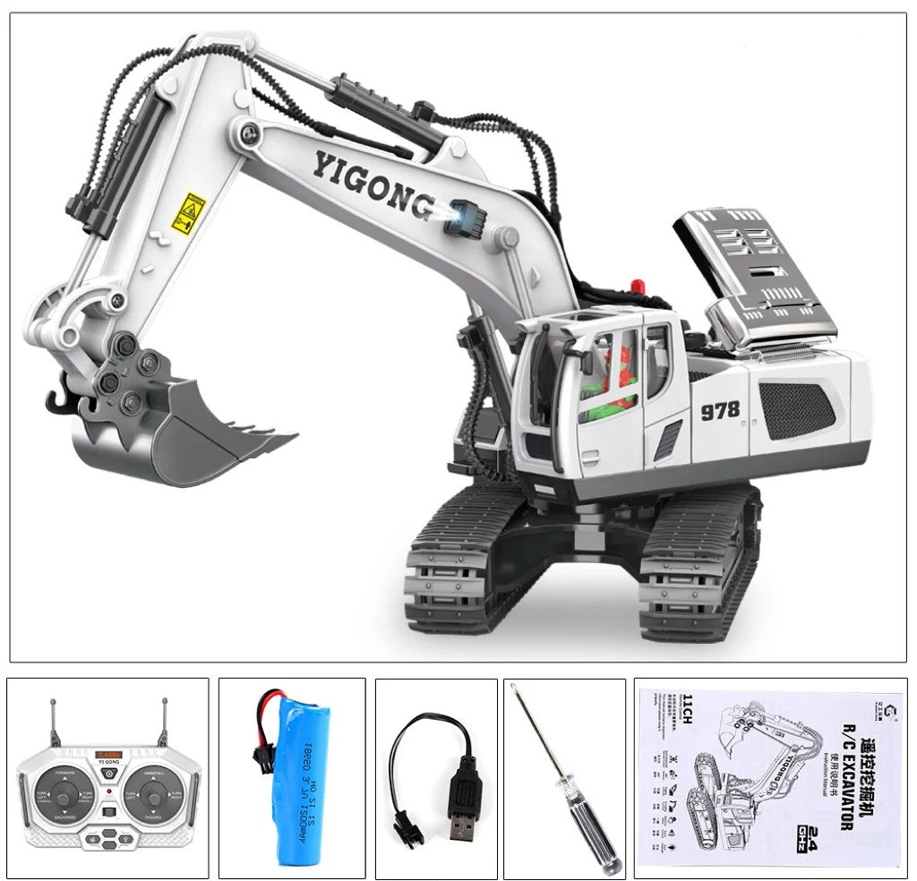 RC Hydraulic Excavator 1:20 with Crawler Tracks | CNC aluminum, servo-controlled valves &amp; quick coupler | 2.4 GHz 18 channels, 1200 mAh