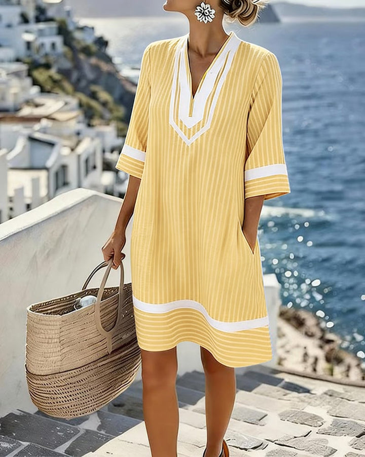 Damen Sommerkleid mit Streifen | Luftiges Shift-Kleid mit V-Ausschnitt, Seitentaschen &amp; lockerem Schnitt für Alltag &amp; Urlaub