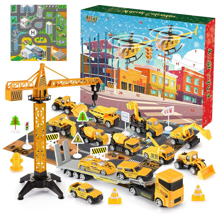 Baustellen Adventskalender für Kinder mit Baufahrzeugen | Weihnachtskalender mit Kran, Verkehrsschildern und Spielbrett aus Kunststoff