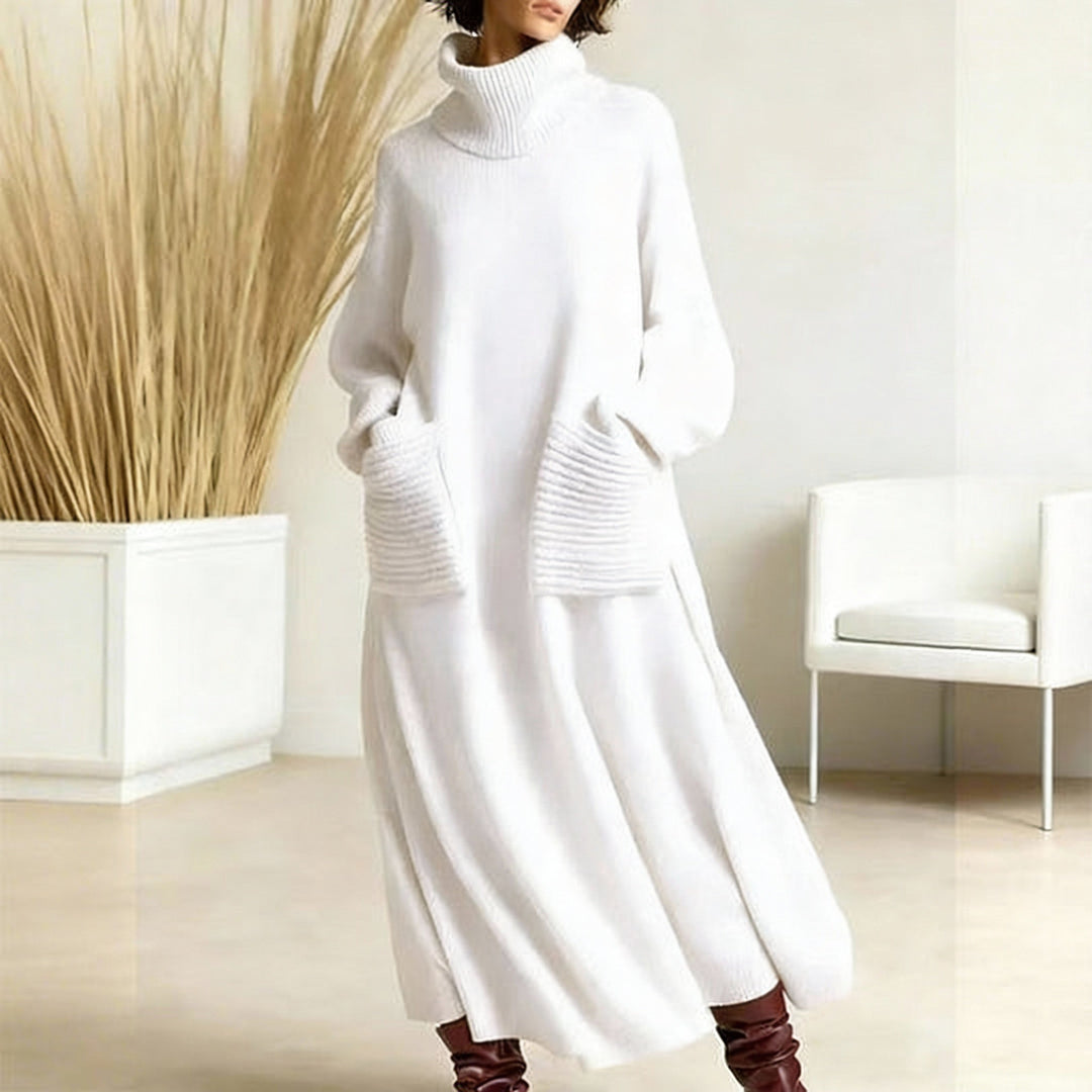 Damen Strickkleid | Langes Oversize-Kleid mit Rollkragen, weichem Strickgewebe und praktischen Taschen für Herbst und Winter