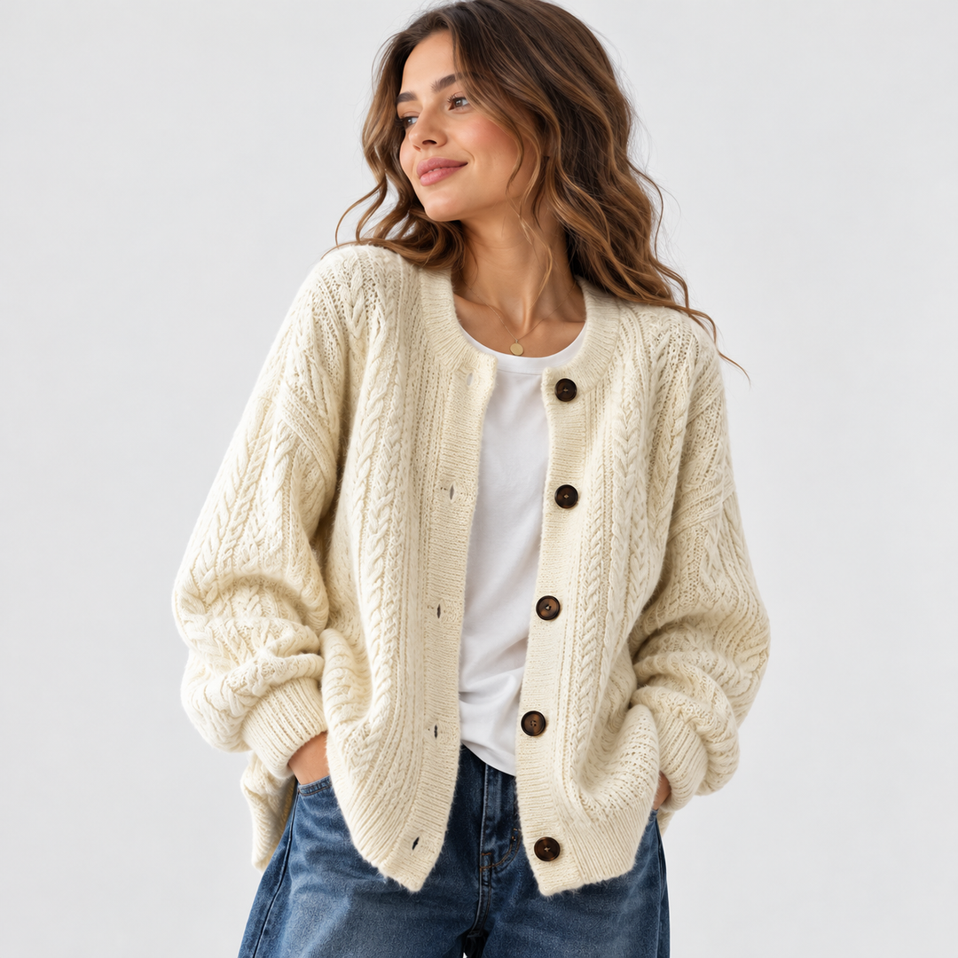 Damen Oversized Strick-Cardigan mit Zopfmuster | Lockere Strickjacke mit durchgehender Knopfleiste und Rippbündchen für Herbst und Winter