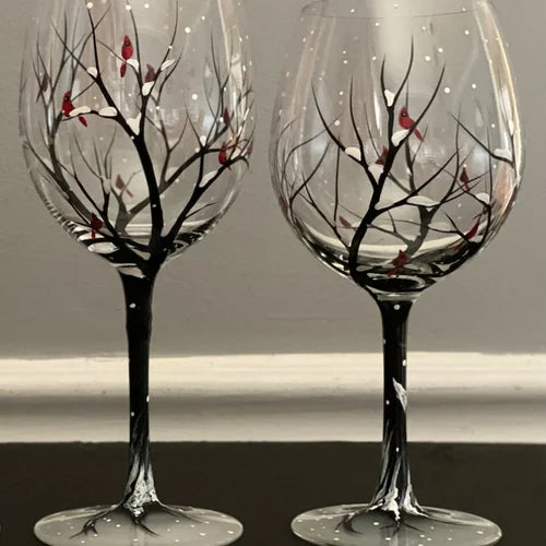 Hand-Painted Wine Glasses Set of 4 | Four Seasons with Tree Motifs | Brilliant Glass, approx. 350 ml | Dishwasher Safe &amp; Colorfast