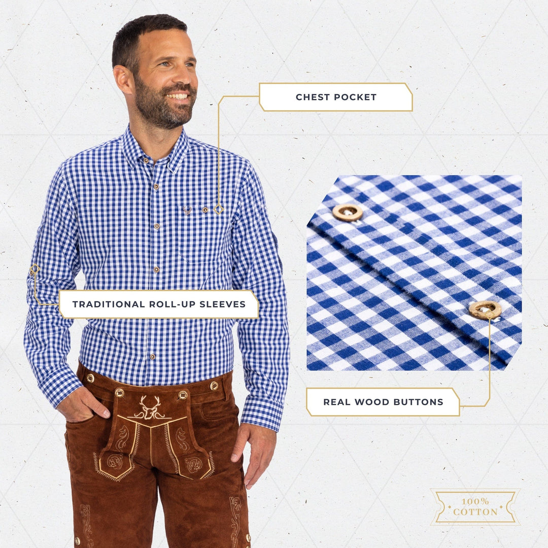 Trachtenhemd Herren | Blau kariertes Hemd für Lederhosen, Oktoberfest und traditionelle Trachten-Outfits
