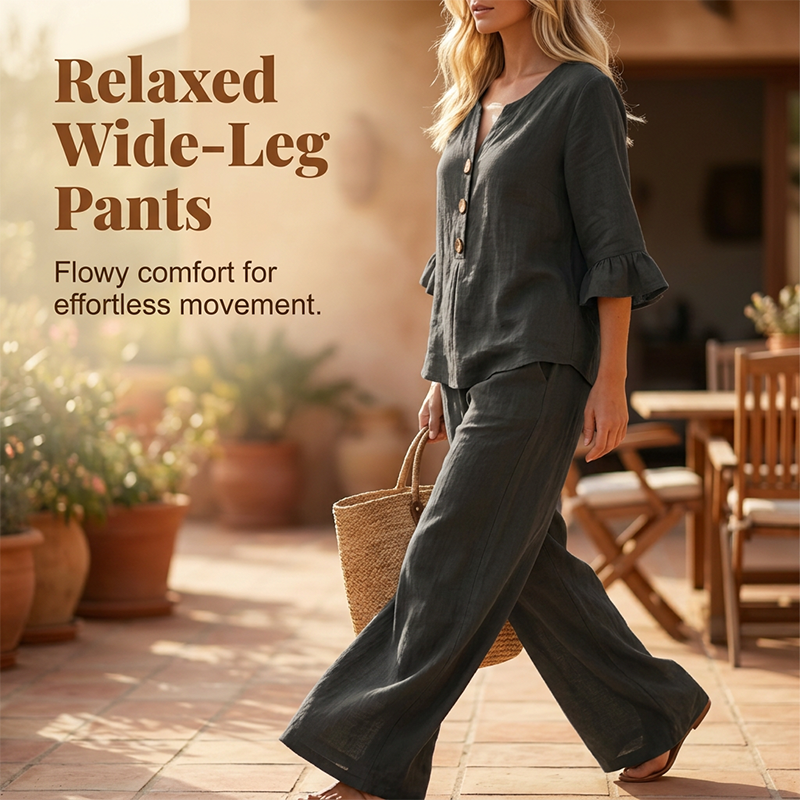 Damen Loungeset aus Baumwollmischung | Zweiteiliges Set mit Rüschenärmeln &amp; weiter Hose | Bequemes Freizeit-Outfit