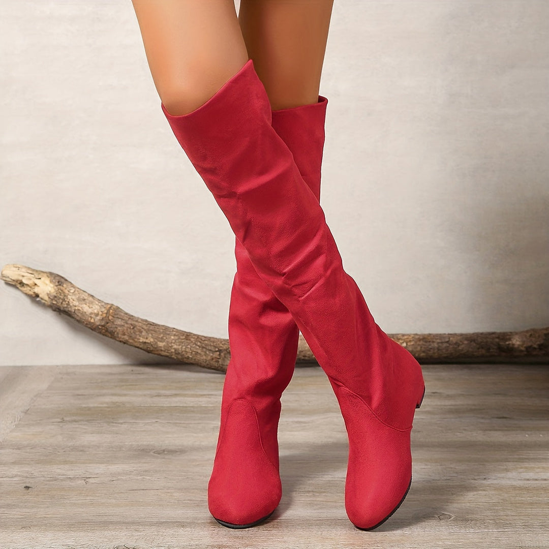 Damen Overknee Stiefel mit niedrigem Blockabsatz | Hohe Schlupfstiefel über dem Knie mit runder Spitze für Alltag und Freizeit