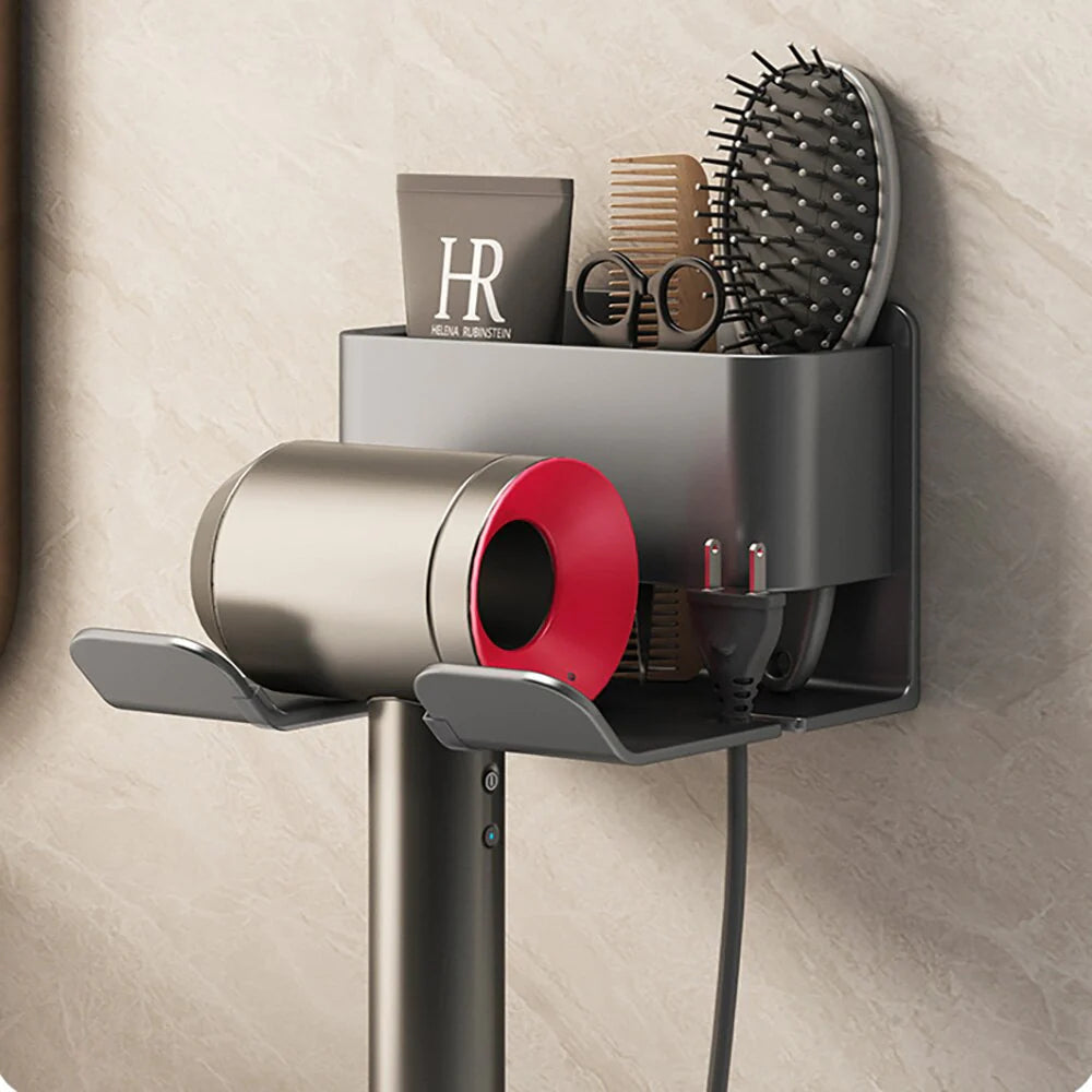 Organizer per cura capelli da parete per bagno | supporto phon e porta spazzole | alluminio e plastica | salvaspazio