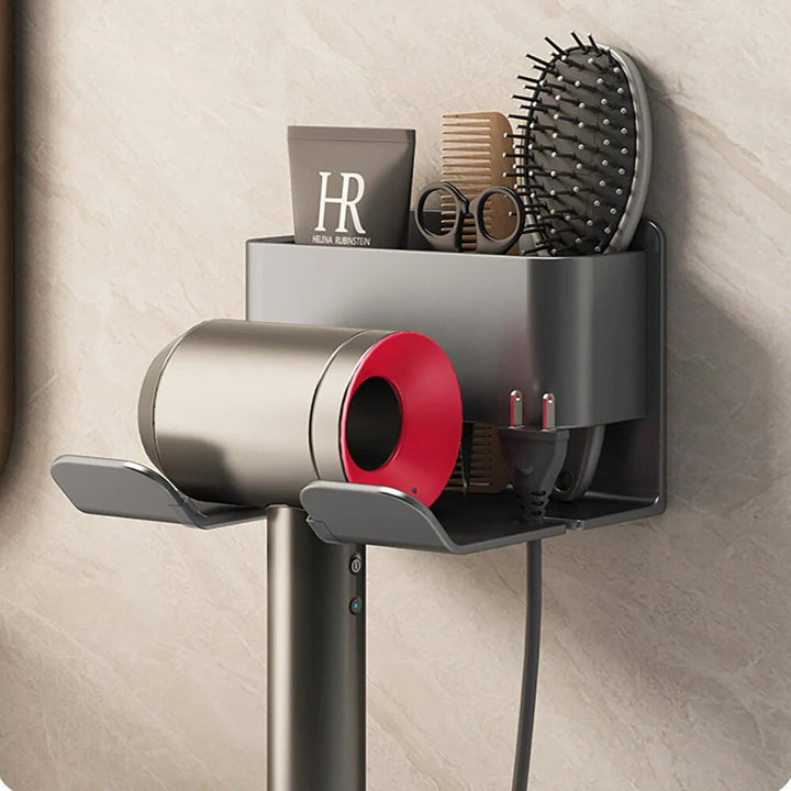 Organizer per cura capelli da parete per bagno | supporto phon e porta spazzole | alluminio e plastica | salvaspazio