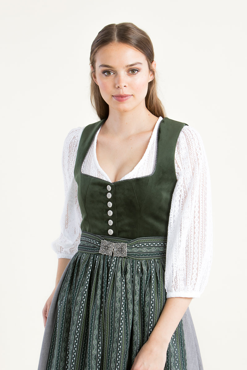 Dirndlbluse Damen | Weiße Spitzenbluse mit Puffärmeln, V-Ausschnitt und Dreiviertelarm für Dirndl