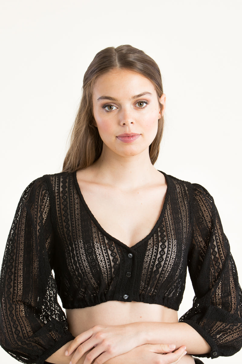 Dirndlbluse Damen | Schwarze Bluse mit Puffärmeln, V-Ausschnitt und Spitzenbesatz für klassische Dirndl