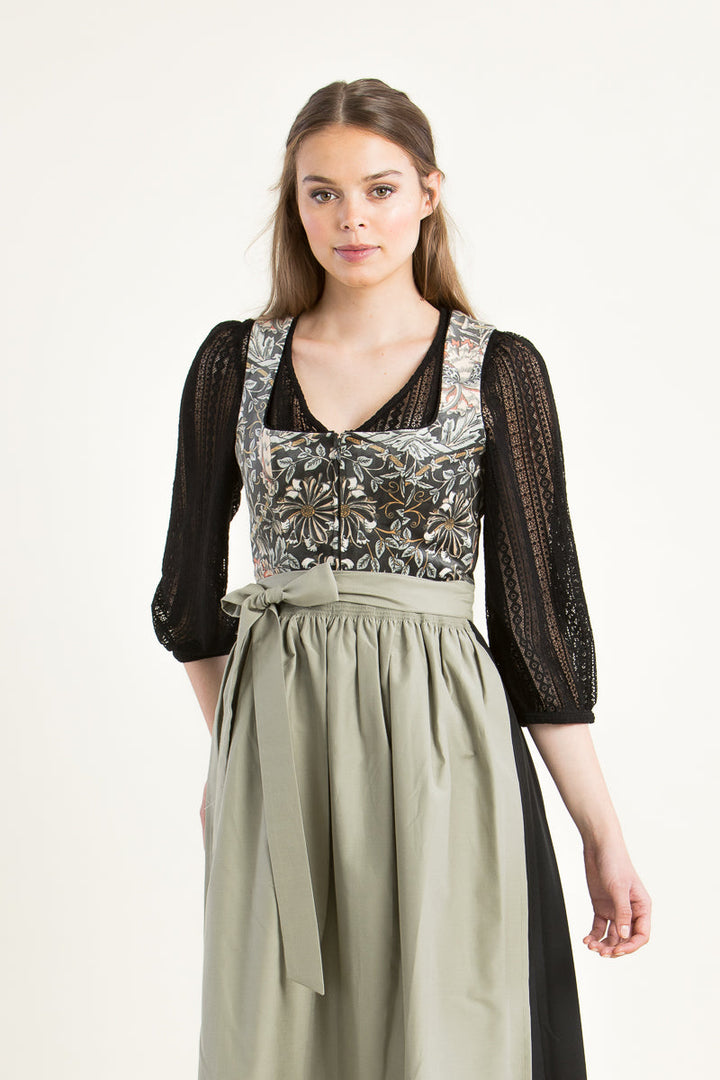 Dirndlbluse Damen | Schwarze Bluse mit Puffärmeln, V-Ausschnitt und Spitzenbesatz für klassische Dirndl