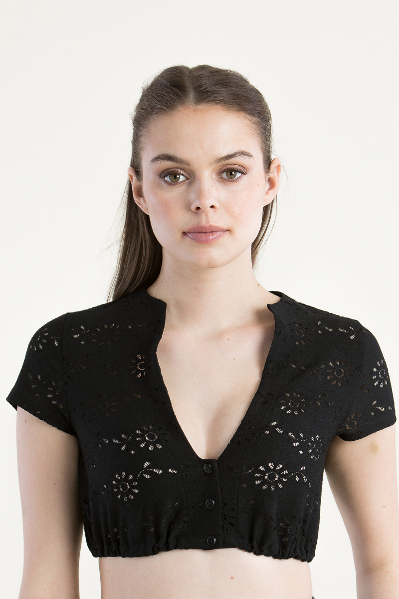 Dirndlbluse Damen | Schwarze Kurzarmbluse mit V-Ausschnitt, Lochstickerei und elastischem Saum für Dirndl