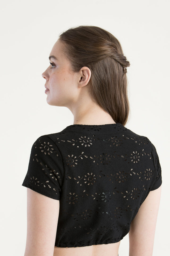 Dirndlbluse Damen | Schwarze Kurzarmbluse mit V-Ausschnitt, Lochstickerei und elastischem Saum für Dirndl