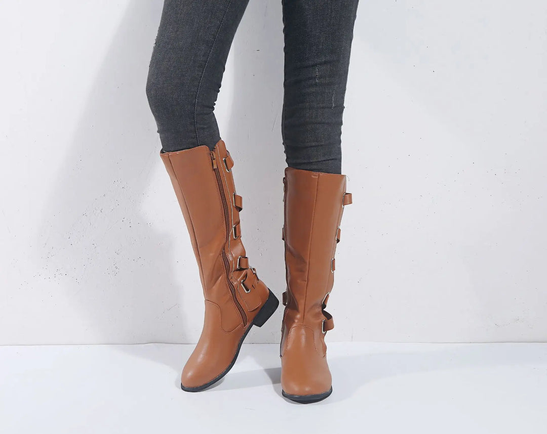 Damen knöchelhohe Reitstiefel mit Schnallen | Stiefeletten mit rückseitigen Schnallenriemen, seitlichem Reißverschluss und niedrigem Blockabsatz