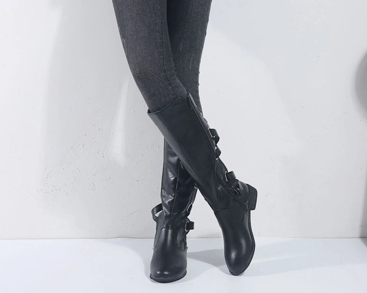 Damen knöchelhohe Reitstiefel mit Schnallen | Stiefeletten mit rückseitigen Schnallenriemen, seitlichem Reißverschluss und niedrigem Blockabsatz