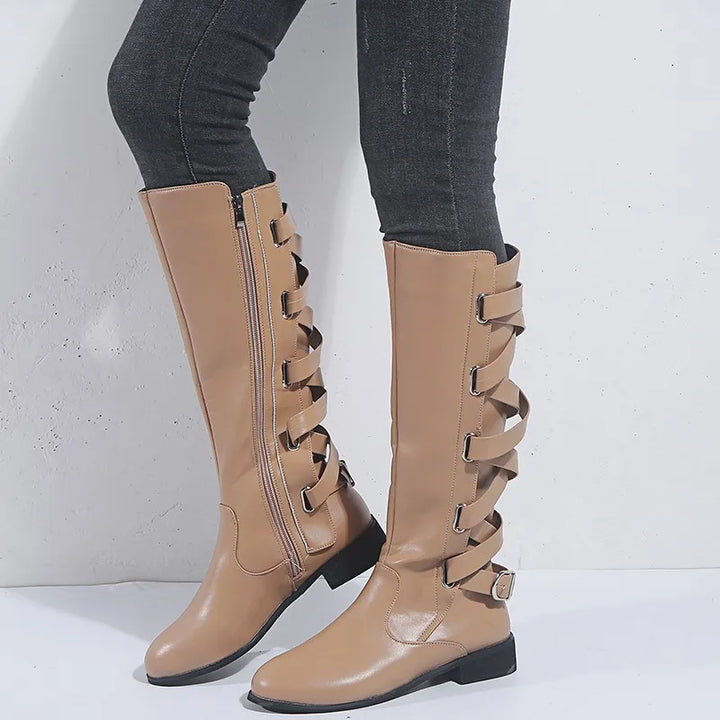 Damen knöchelhohe Reitstiefel mit Schnallen | Stiefeletten mit rückseitigen Schnallenriemen, seitlichem Reißverschluss und niedrigem Blockabsatz
