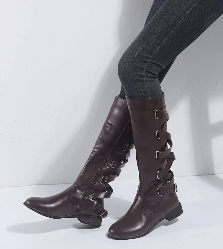 Damen knöchelhohe Reitstiefel mit Schnallen | Stiefeletten mit rückseitigen Schnallenriemen, seitlichem Reißverschluss und niedrigem Blockabsatz