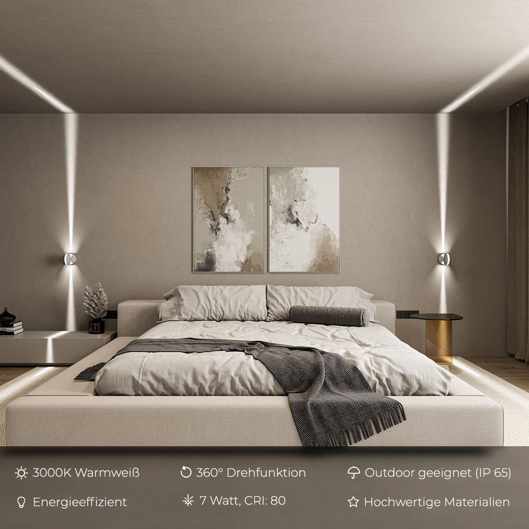 LED wall light with spotlight function | 360° rotatable light element | double-sided beam for square light effect, water-resistant