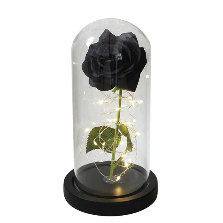 LED-Rose im Glas | Dekolampe mit warmweißem Licht, Holzsockel und Galaxy-Effekt als romantisches Geschenk