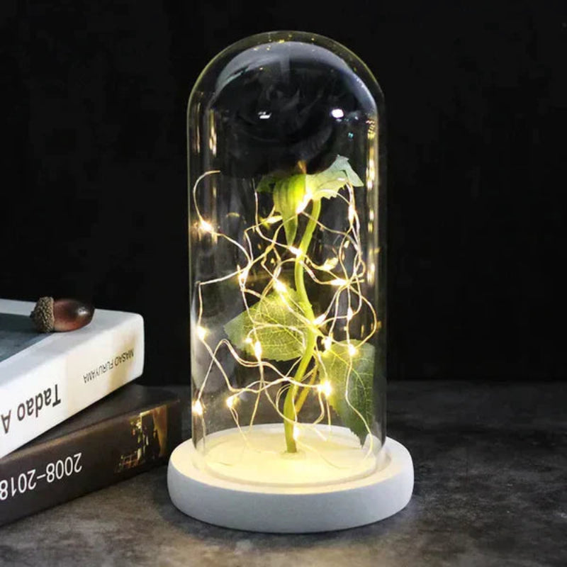 LED-Rose im Glas | Dekolampe mit warmweißem Licht, Holzsockel und Galaxy-Effekt als romantisches Geschenk