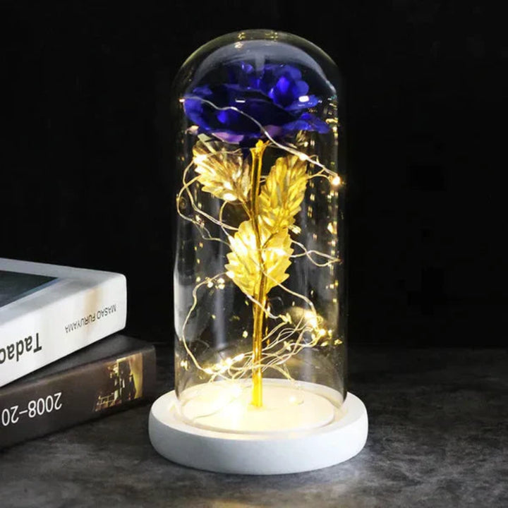 LED-Rose im Glas | Dekolampe mit warmweißem Licht, Holzsockel und Galaxy-Effekt als romantisches Geschenk