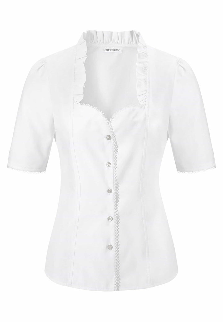 Trachtenbluse Damen | Weiße figurbetonte Bluse mit Schalkragen, Rüschen und Perlmuttknöpfen für Trachten-Outfits