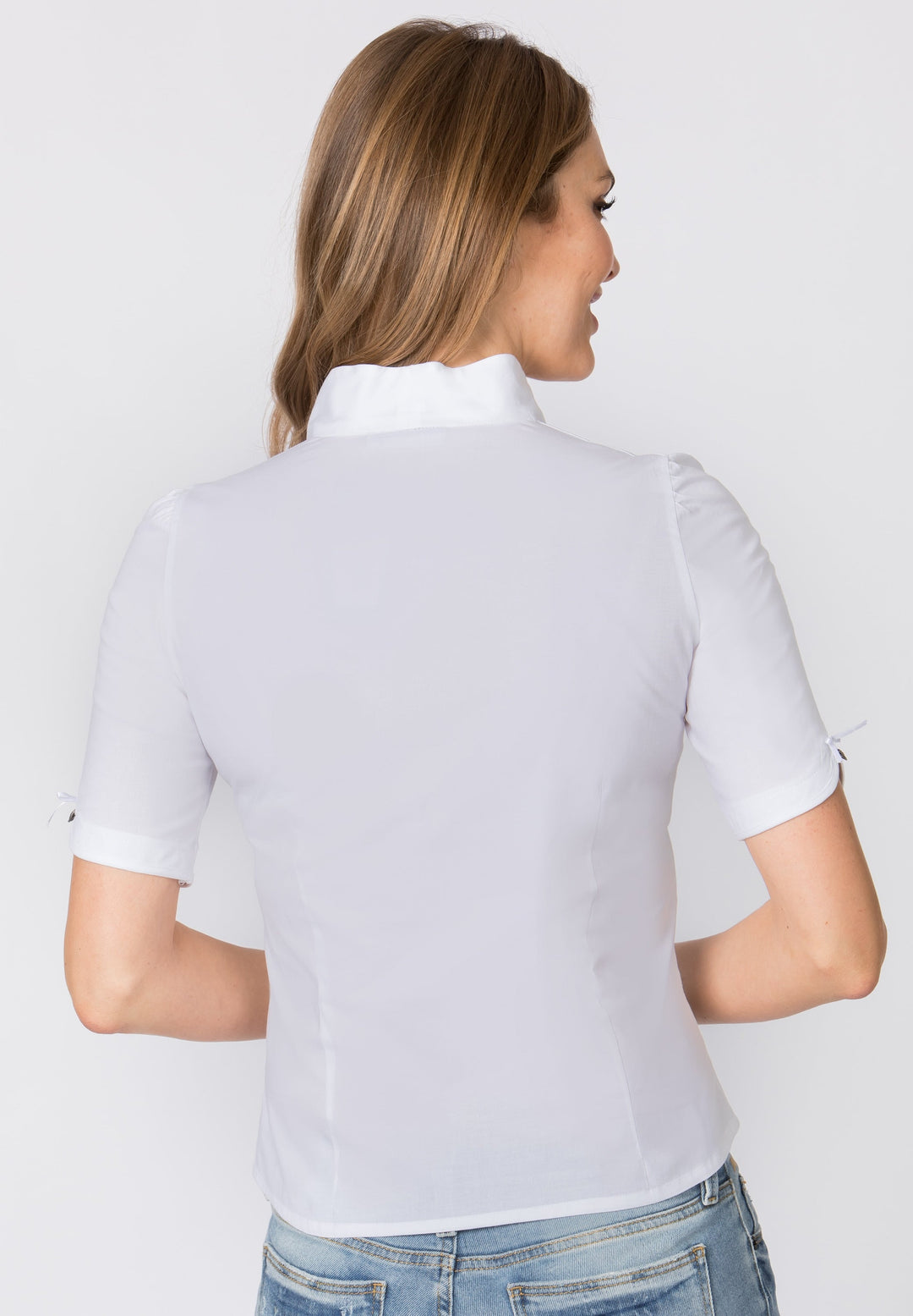 Trachtenbluse Damen | Weiße figurbetonte Damenbluse mit klassischem Schnitt für Dirndl und Trachten-Outfits