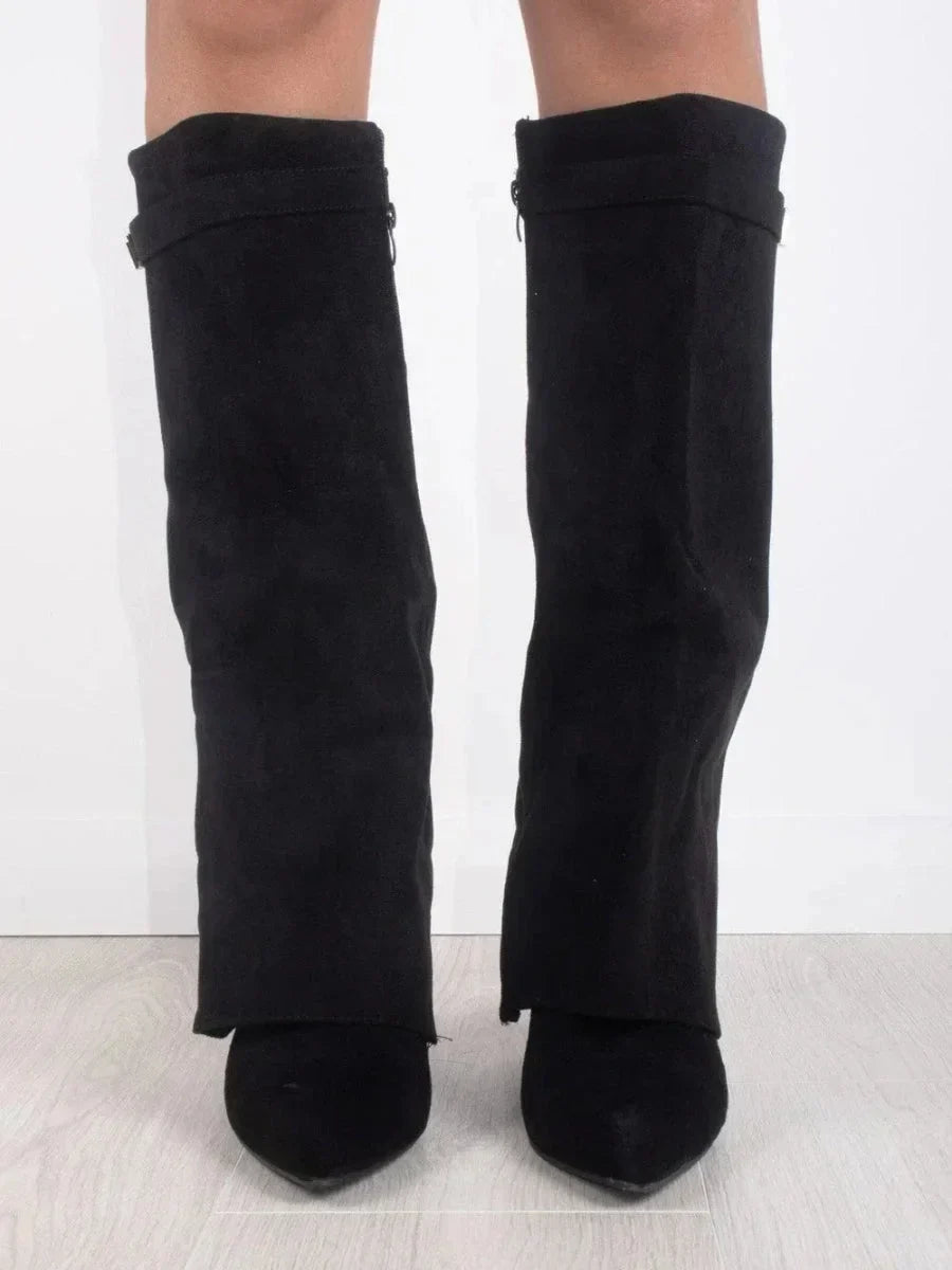 Damen Wildleder-Stiefel mit mittelhohem Schaft | Elegante Boots mit dekorativen Metalldetails und praktischem Verschluss für Herbst und Alltag