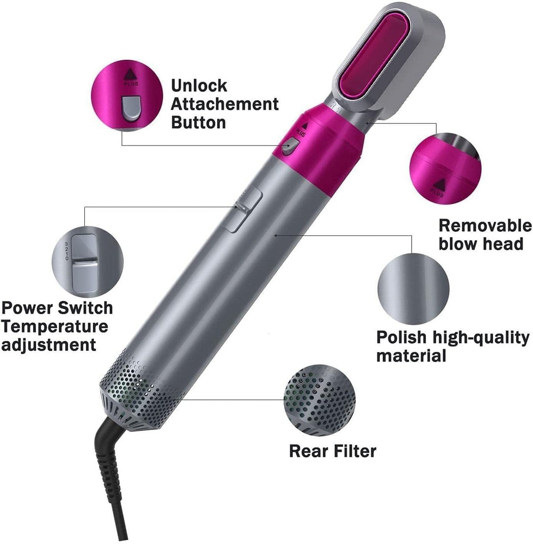 5-in-1 Haartrocknerbürste 1000W mit 5 Aufsätzen | Trocknen, Glätten, Locken &amp; Volumen | 3 Temperaturstufen | Keramik-Beschichtung