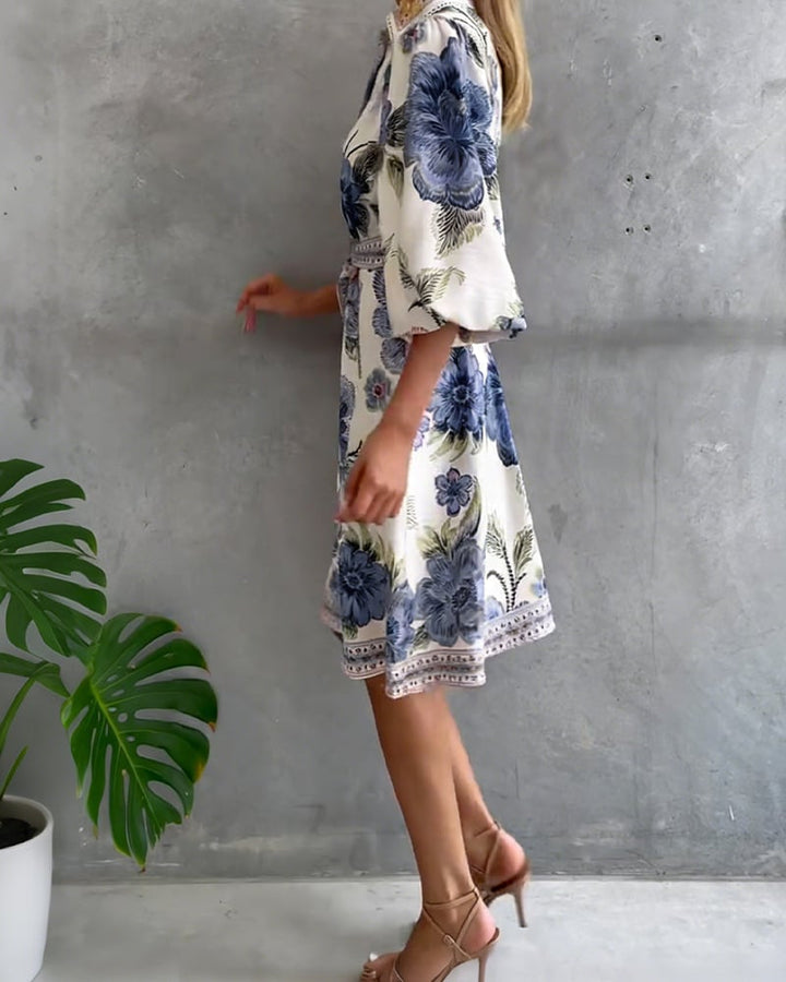 Damen A-Linien-Kleid mit Print | Knielanges Kleid mit Reverskragen und Laternenärmeln
