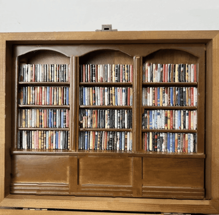 Miniature Wooden Bookshelf with Folded Mini Books | Handmade, Openable &amp; Reorganizable | Relaxing Gift for Book Lovers | 25×20×8 cm