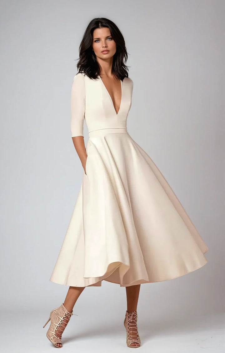 Damen A-Linien-Midikleid | Elegantes Kleid mit V-Ausschnitt und 3/4-Ärmeln