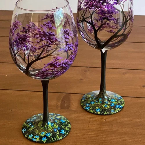 Hand-Painted Wine Glasses Set of 4 | Four Seasons with Tree Motifs | Brilliant Glass, approx. 350 ml | Dishwasher Safe &amp; Colorfast